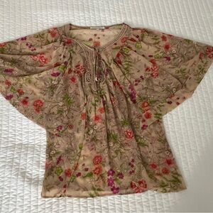 Daniel Rainn Beige Flowy Chiffon Butterfly Blouse with Tied Collar